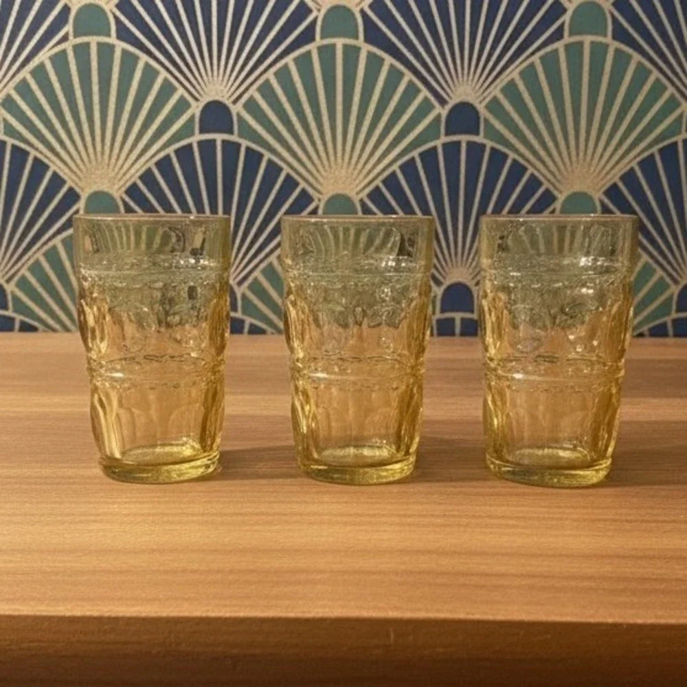 Colony Glass Crown Pattern Tumblers, Set‎ of 3, Honey Gold Glasses, Drinkware
